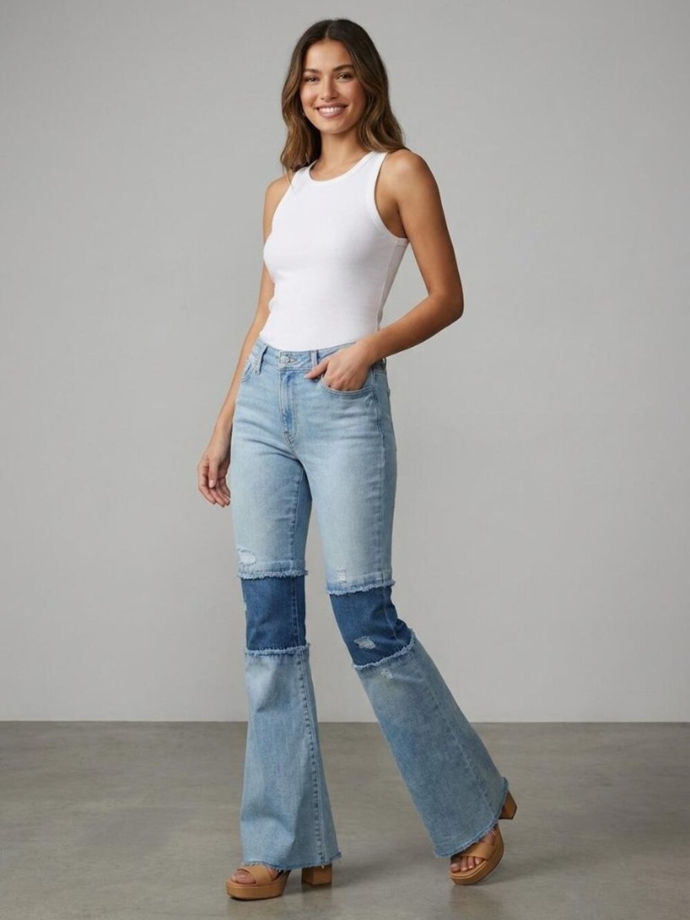 Hudson Jeans Two-Tone Light & Dark Blue Patch Flare Jeans